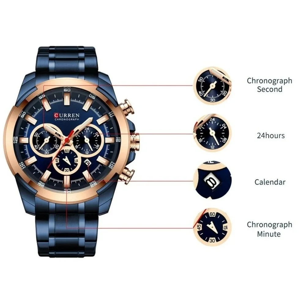 Curren‎ Mens Chronograph Watch Gold Tone Stainless Steel Black Dial New